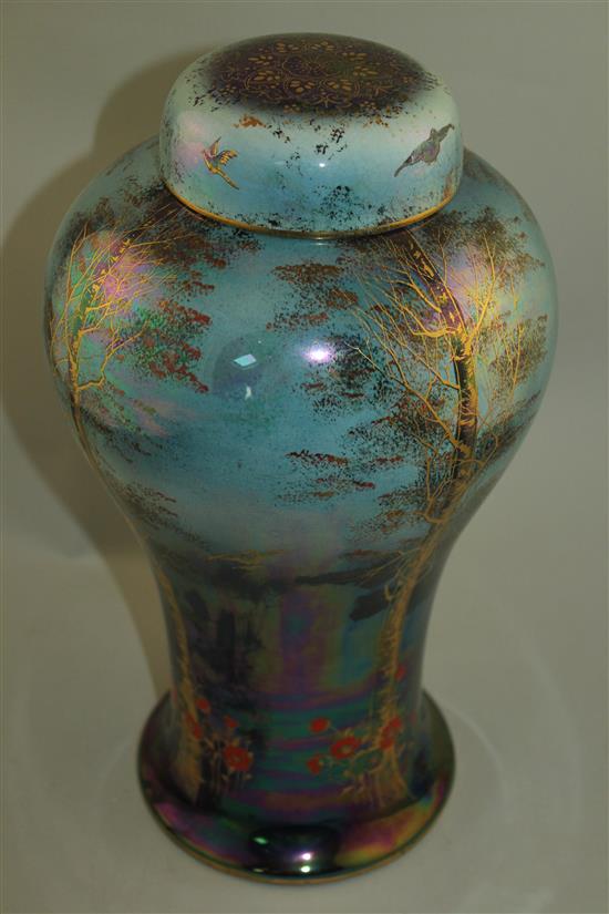 A large Crown Devon Fieldings Lustrine birch pattern meiping vase and cover, 1930s, 37cm